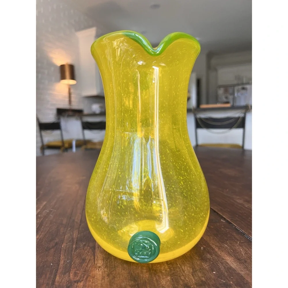 Vintage Blenko Style Yellow And‎ Green Glass Pitcher Hand Blown Art Deco MCM